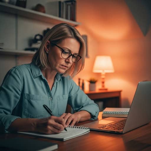 A woman journaling at her desk in the evening